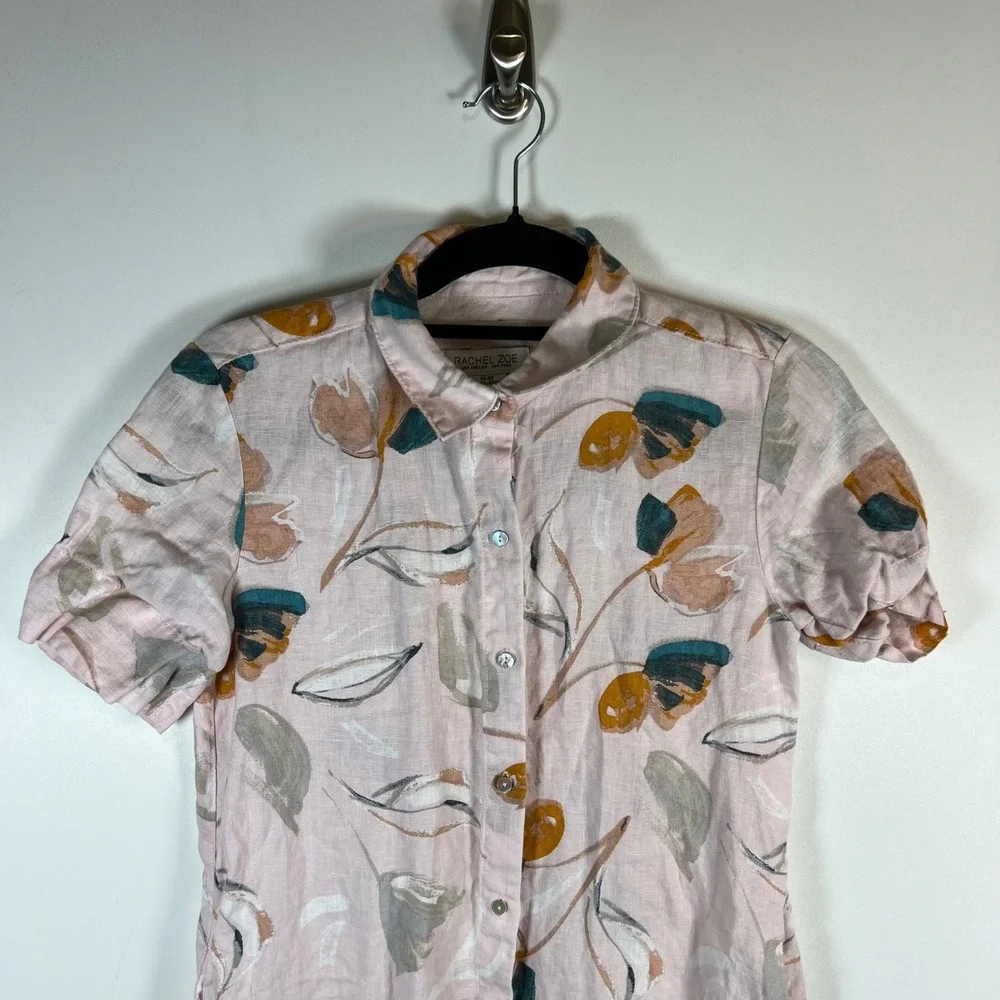 Rachel Zoe Linen Floral Shirt Dress Pink Mustard‎ Short Sleeve Button Front XS